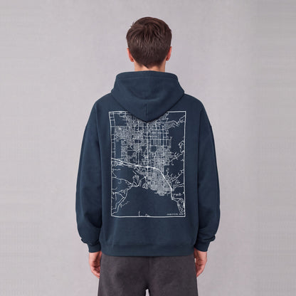 Coeur d'Alene map hoodie, back print on model - Navy Blue