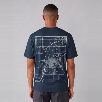 Rexburg map tee, back print on model - Navy Blue