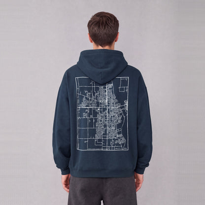 Yuba City map hoodie, back print on model - Navy Blue