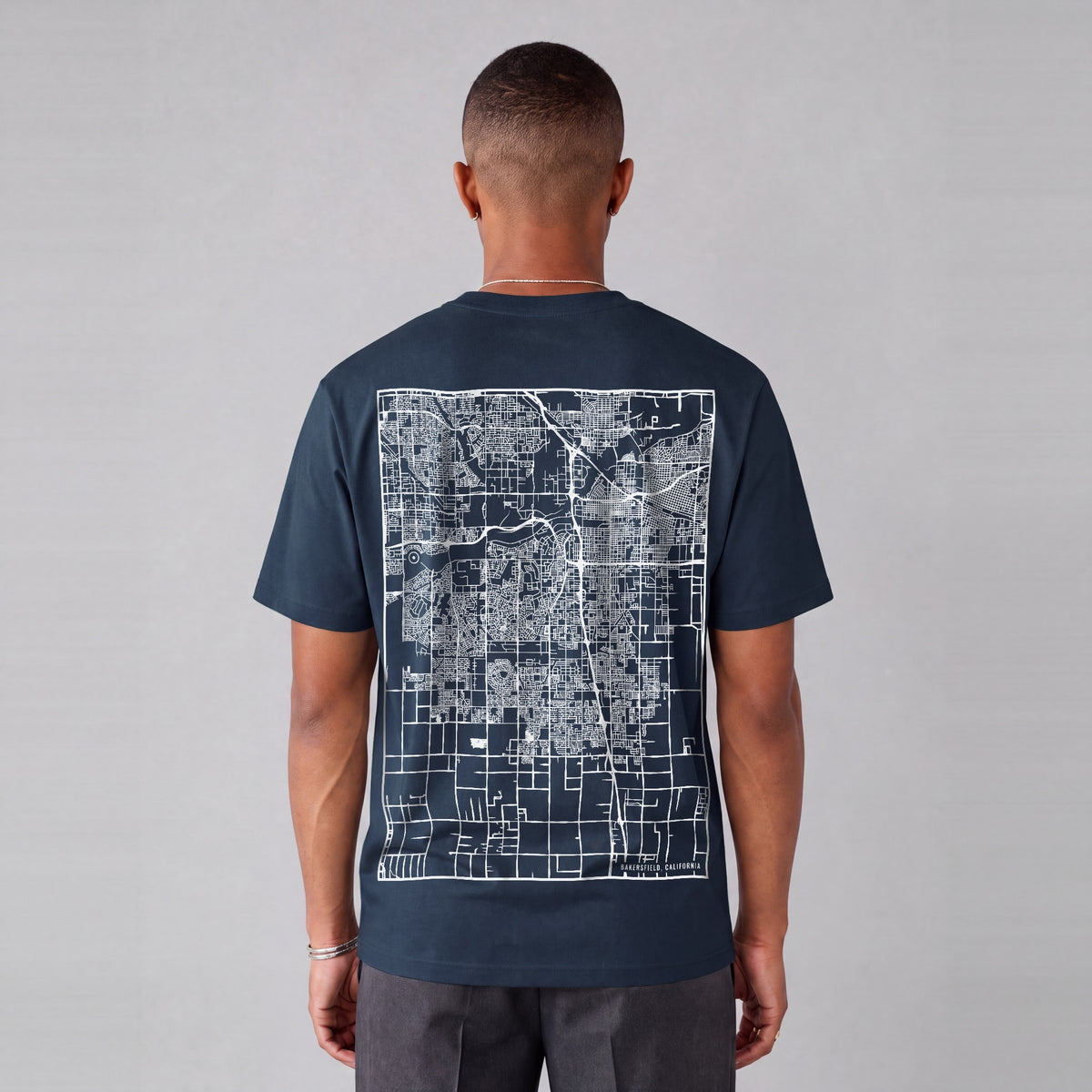 Bakersfield map tee, back print on model - Navy Blue