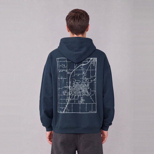 Rexburg map hoodie, back print on model - Navy Blue