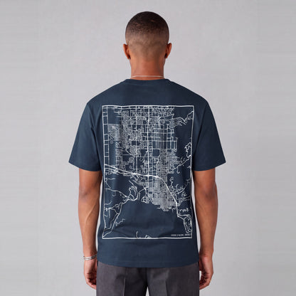 Coeur d'Alene map tee, back print on model - Navy Blue