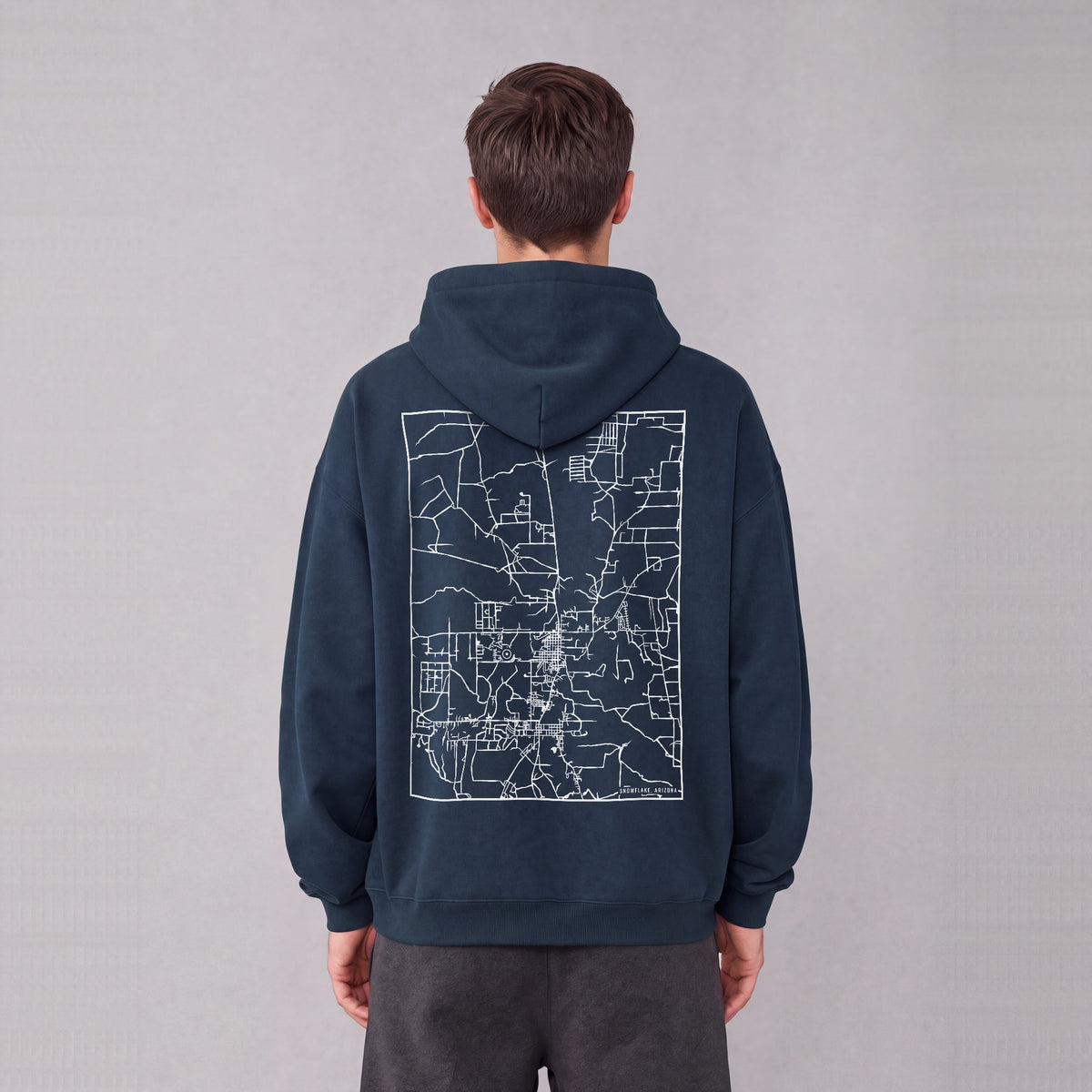 Snowflake map hoodie, back print on model - Navy Blue