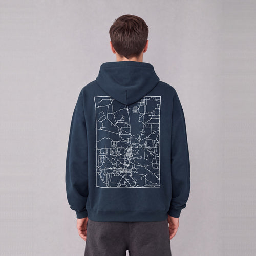 Snowflake map hoodie, back print on model - Navy Blue