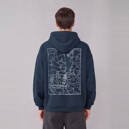 Snowflake map hoodie, back print on model - Navy Blue