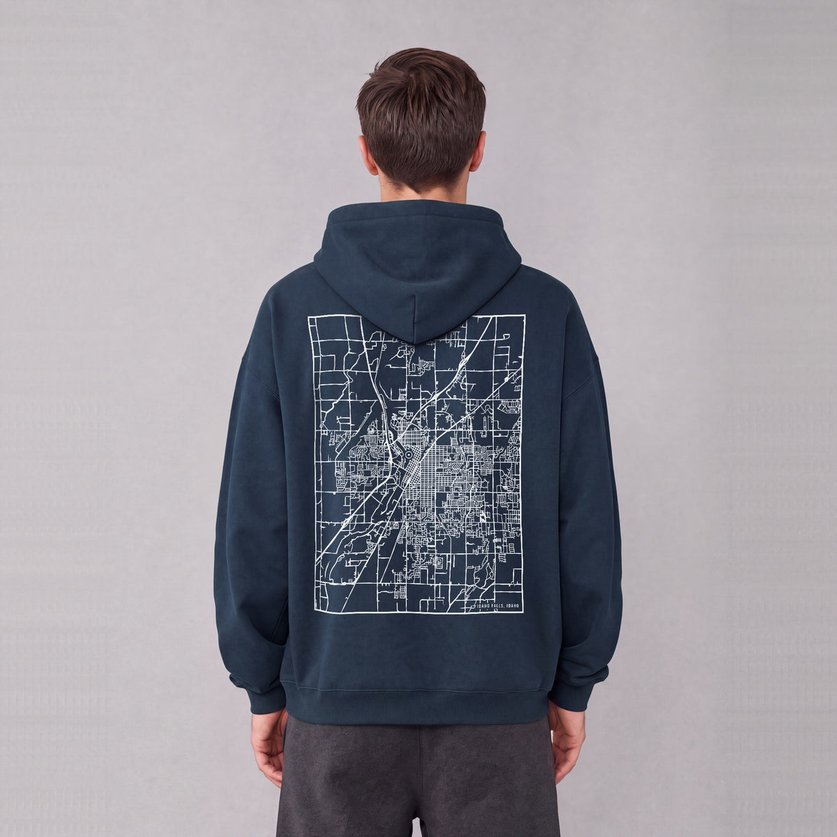 Idaho Falls map hoodie, back print on model - Navy Blue