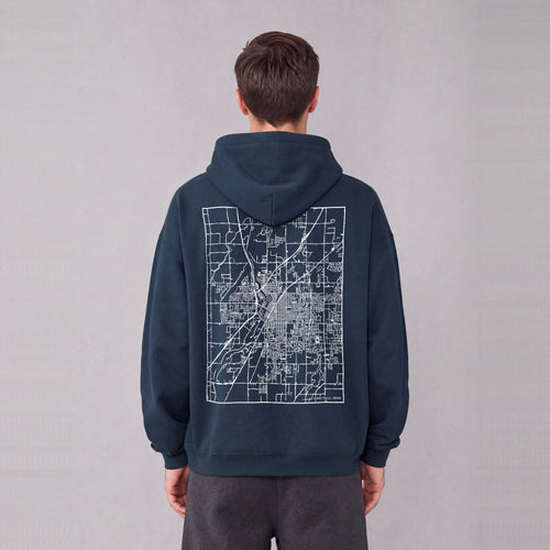 Idaho Falls map hoodie, back print on model - Navy Blue