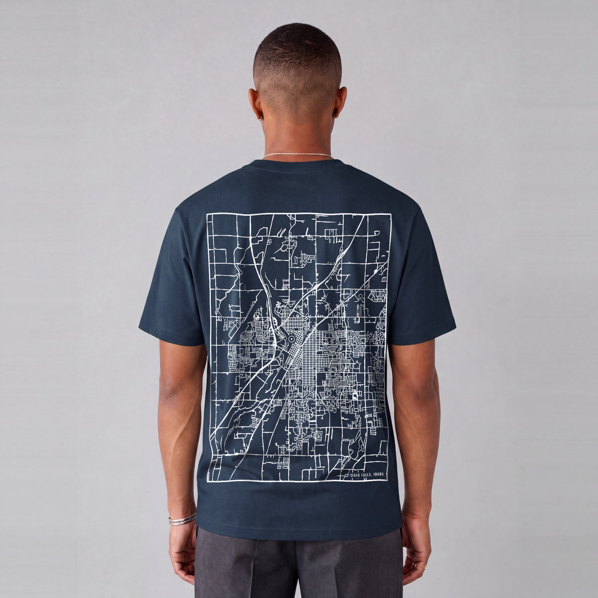 Idaho Falls map tee, back print on model - Navy Blue