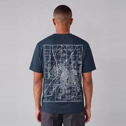 Idaho Falls map tee, back print on model - Navy Blue