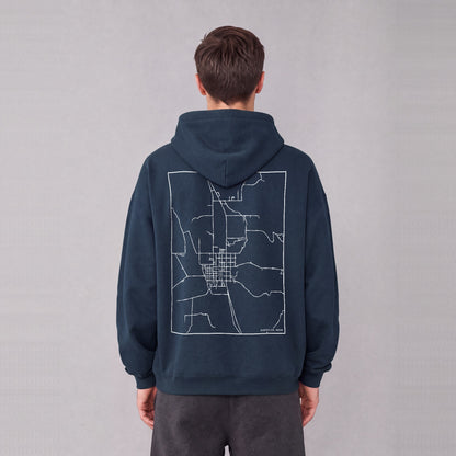 Montpelier map hoodie, back print on model - Navy Blue