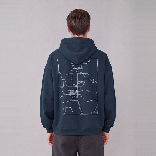 Montpelier map hoodie, back print on model - Navy Blue