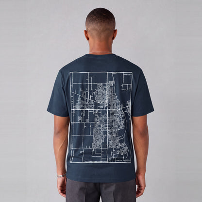 Yuba City map tee, back print on model - Navy Blue