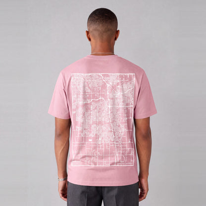 Bakersfield map tee, back print on model - Pink
