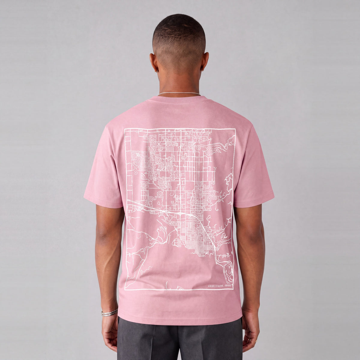 Coeur d'Alene map tee, back print on model - Pink