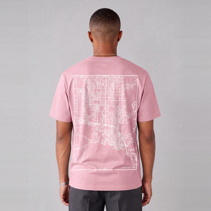 Coeur d'Alene map tee, back print on model - Pink