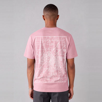 Idaho Falls map tee, back print on model - Pink