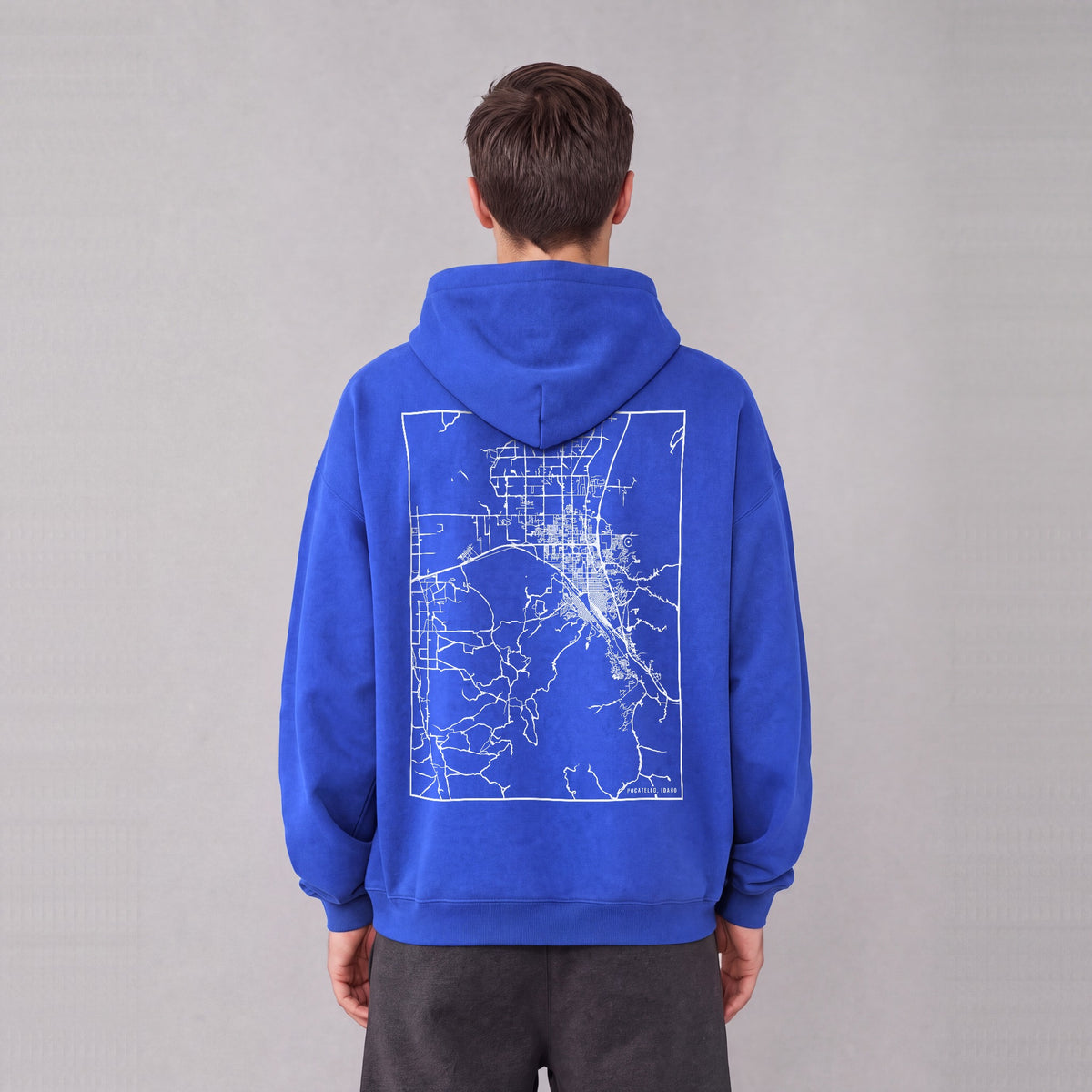 Pocatello map hoodie, back print on model - Royal Blue