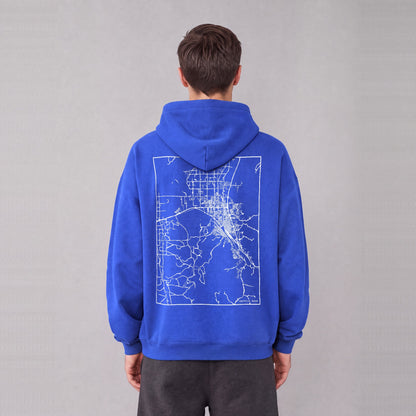 Pocatello map hoodie, back print on model - Royal Blue