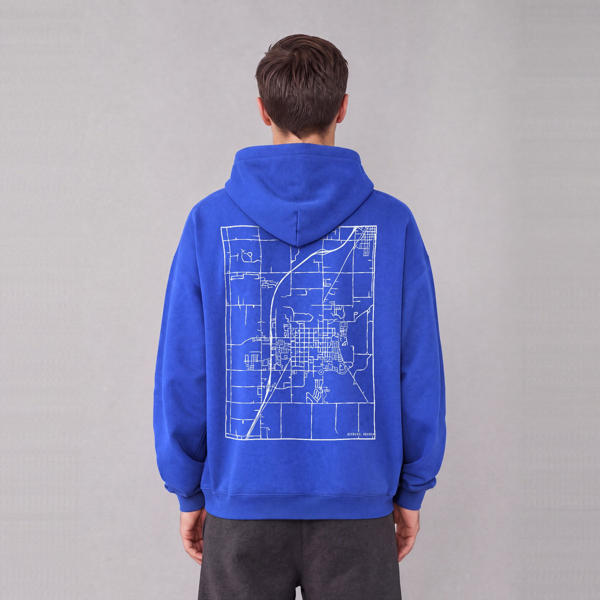 Rexburg map hoodie, back print on model - Royal Blue