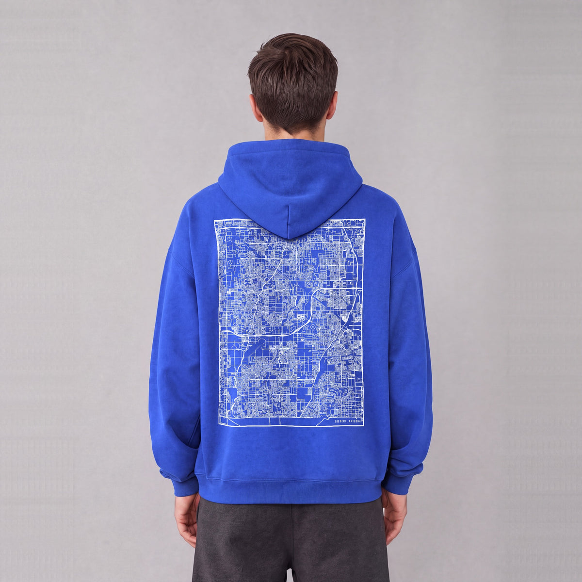 Gilbert map hoodie, back print on model - Royal Blue