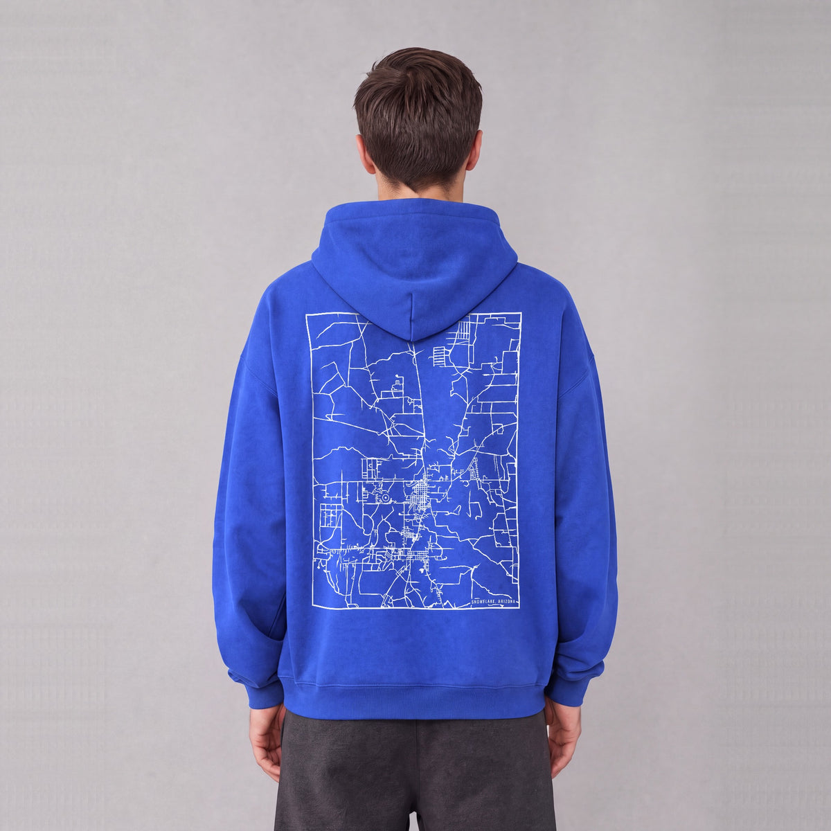 Snowflake map hoodie, back print on model - Royal Blue