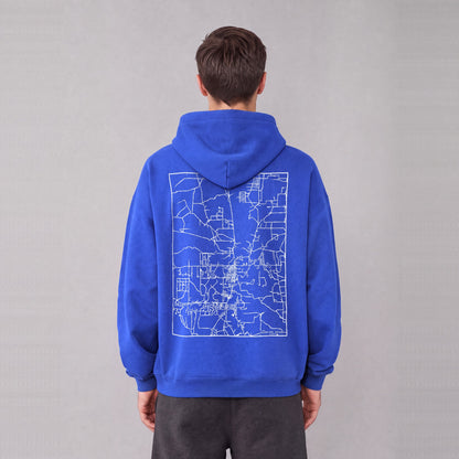 Snowflake map hoodie, back print on model - Royal Blue