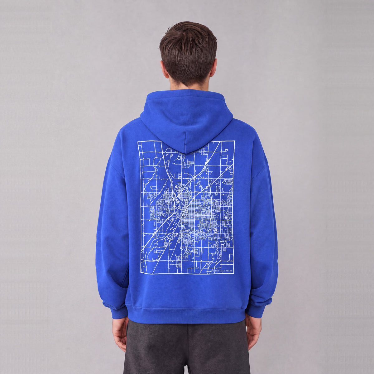 Idaho Falls map hoodie, back print on model - Royal Blue