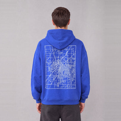 Idaho Falls map hoodie, back print on model - Royal Blue