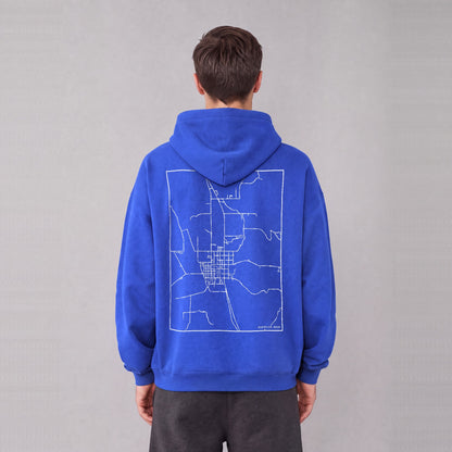 Montpelier map hoodie, back print on model - Royal Blue
