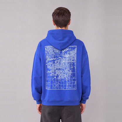 Bakersfield map hoodie, back print on model - Royal Blue