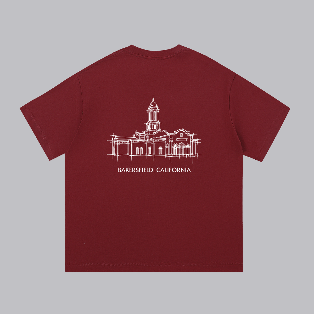 Bakersfield Temple back print flat lay - Maroon