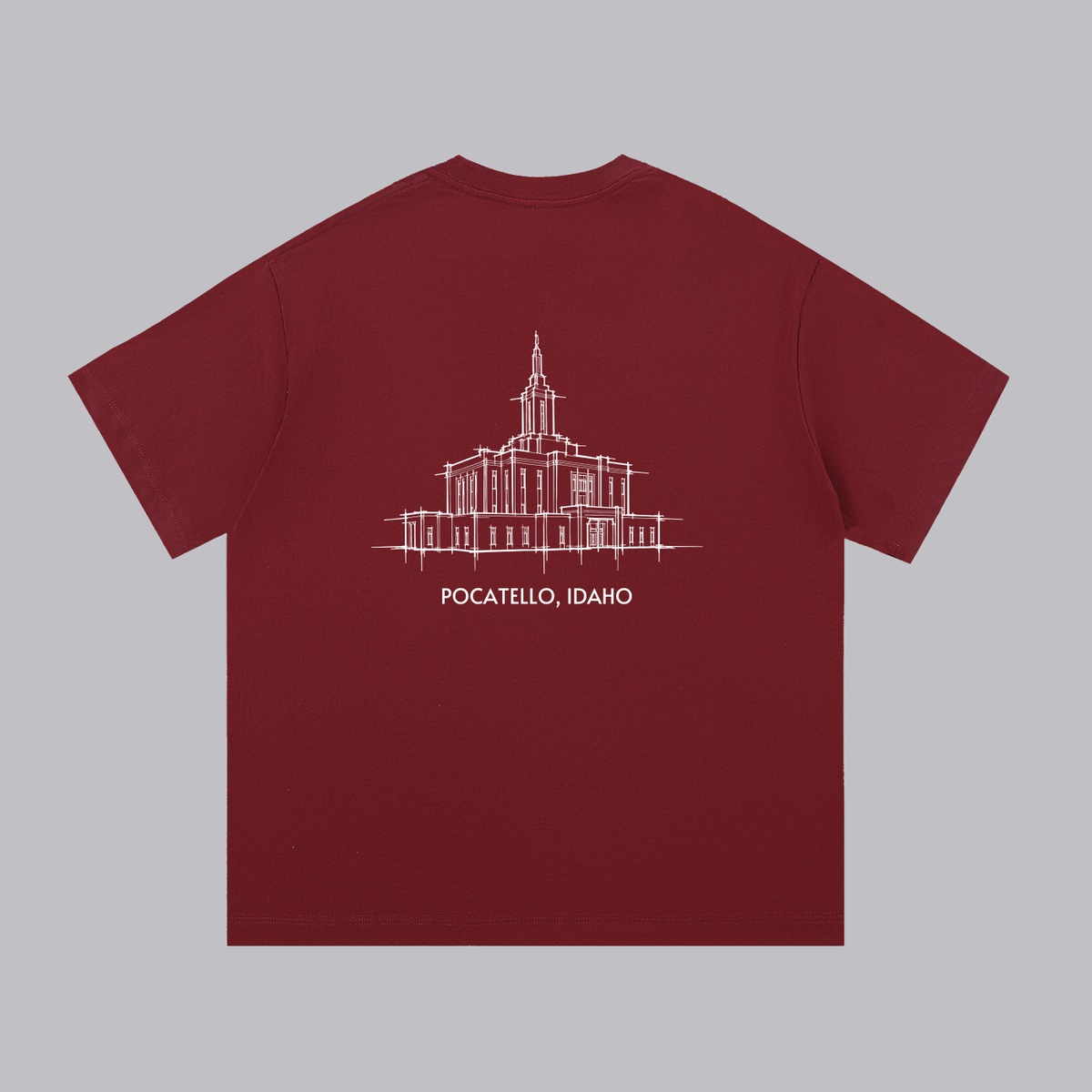 Pocatello Temple back print flat lay - Maroon