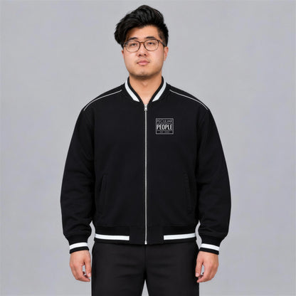 Temple Seal bomber jacket chest logo on model - Black