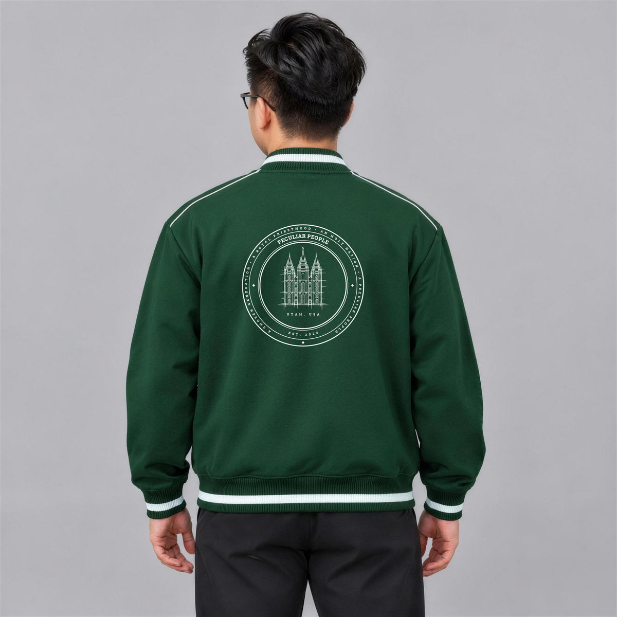 Temple Seal bomber jacket back print on model - Forest Green