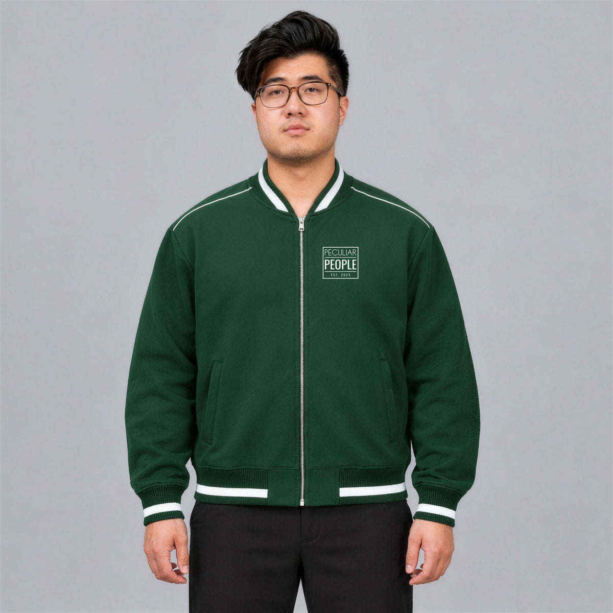 Temple Seal bomber jacket chest logo on model - Forest Green