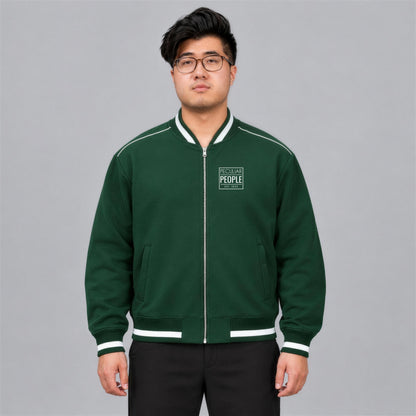 Temple Seal bomber jacket chest logo on model - Forest Green