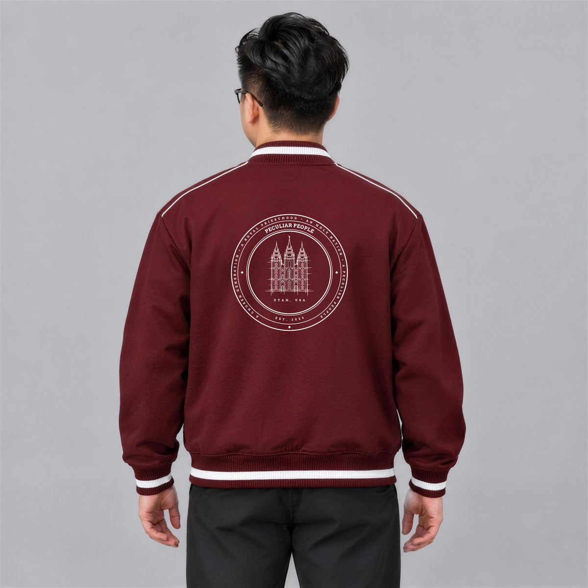 Temple Seal bomber jacket back print on model - Maroon