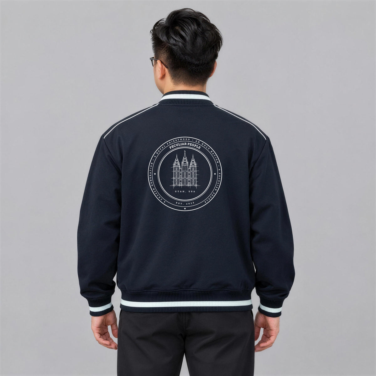 Temple Seal bomber jacket back print on model - Navy Blue