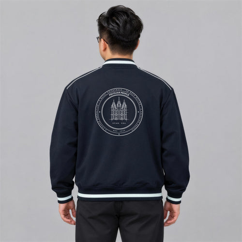 Temple Seal bomber jacket back print on model - Navy Blue
