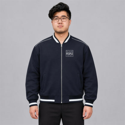 Temple Seal bomber jacket chest logo on model - Navy Blue