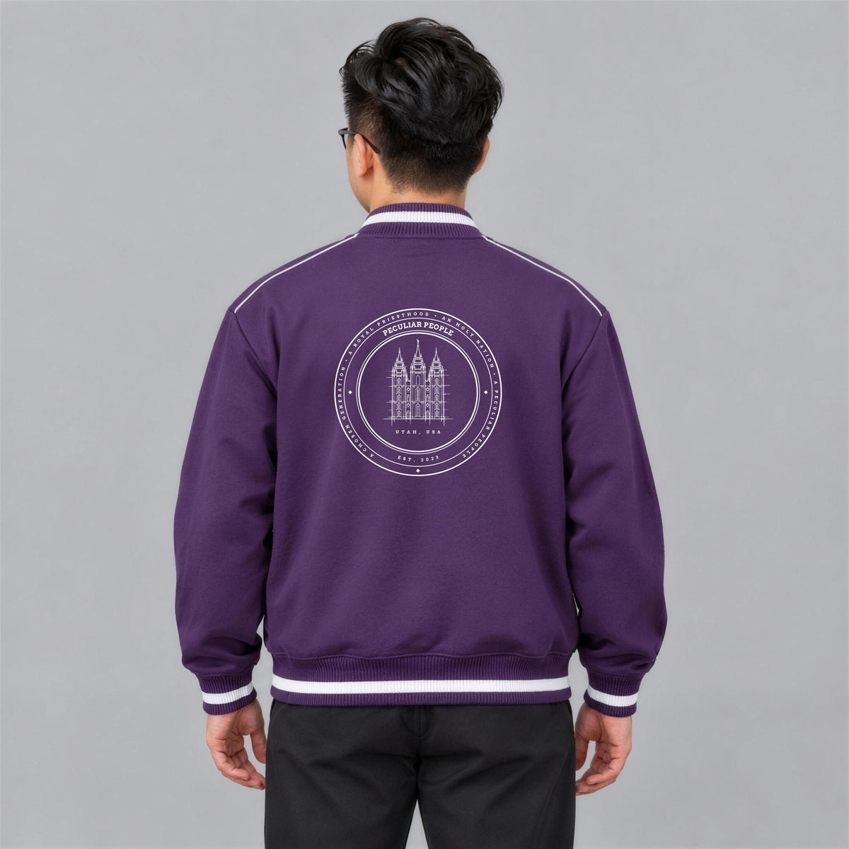 Temple Seal bomber jacket back print on model - Purple