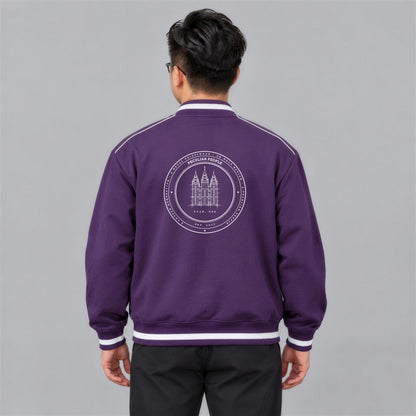 Temple Seal bomber jacket back print on model - Purple