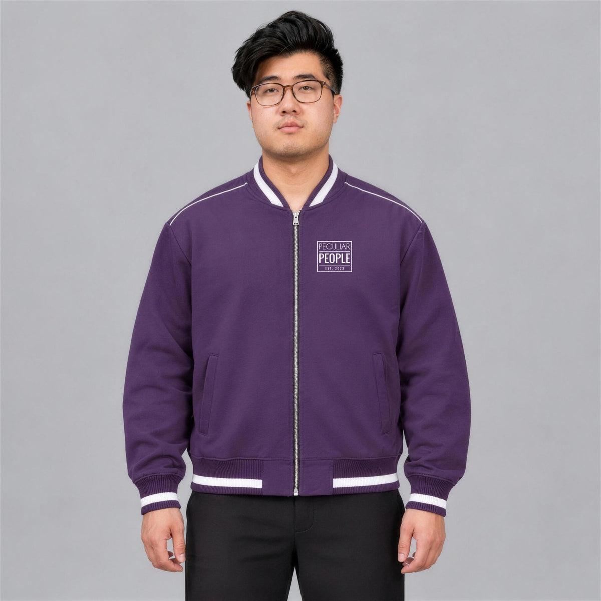 Temple Seal bomber jacket chest logo on model - Purple
