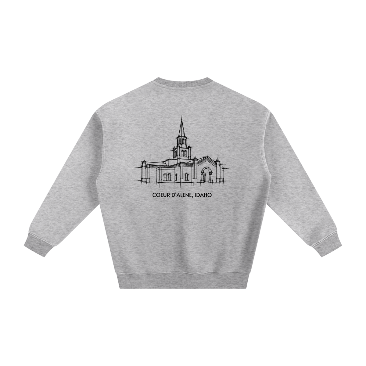 Coeur d'Alene Temple back print flat lay - Heather Gray