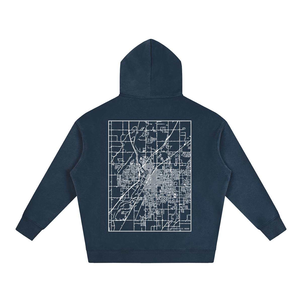 Idaho Falls map hoodie, back print - Navy Blue
