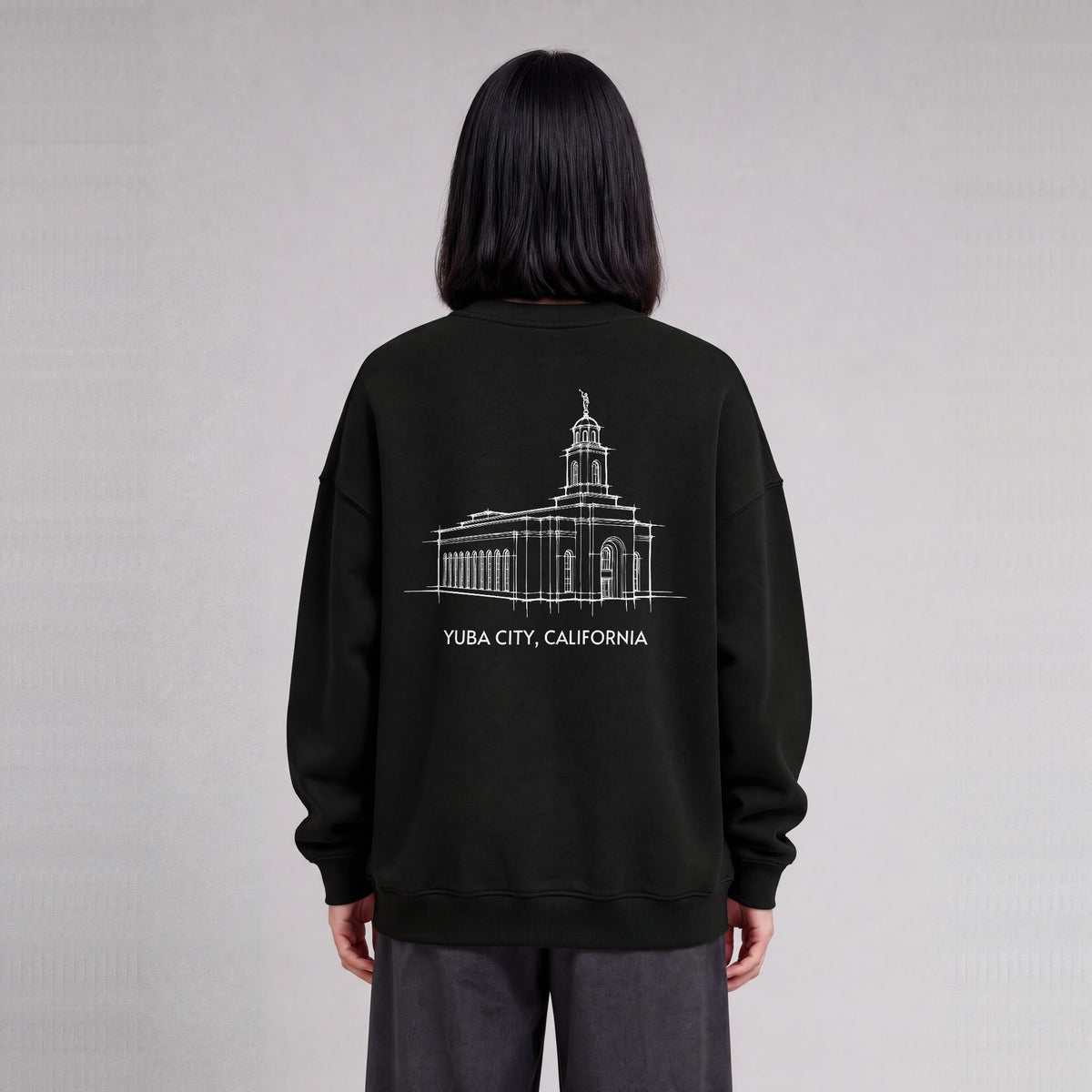 Feather River Temple back print on model - Black