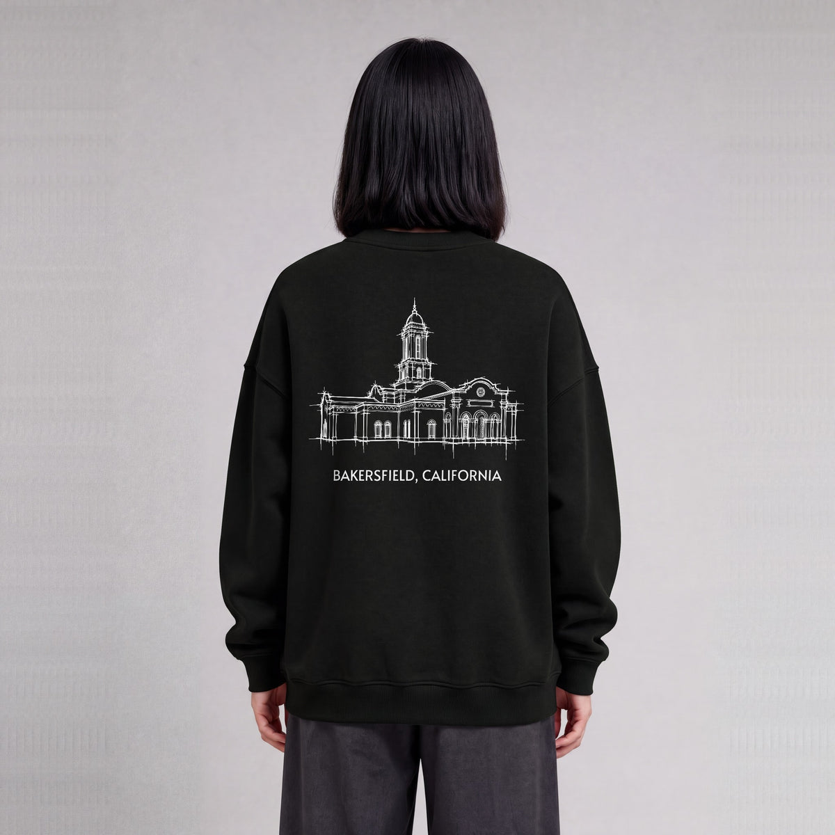 Bakersfield Temple back print on model - Black