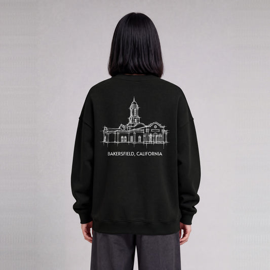 Bakersfield Temple back print on model - Black