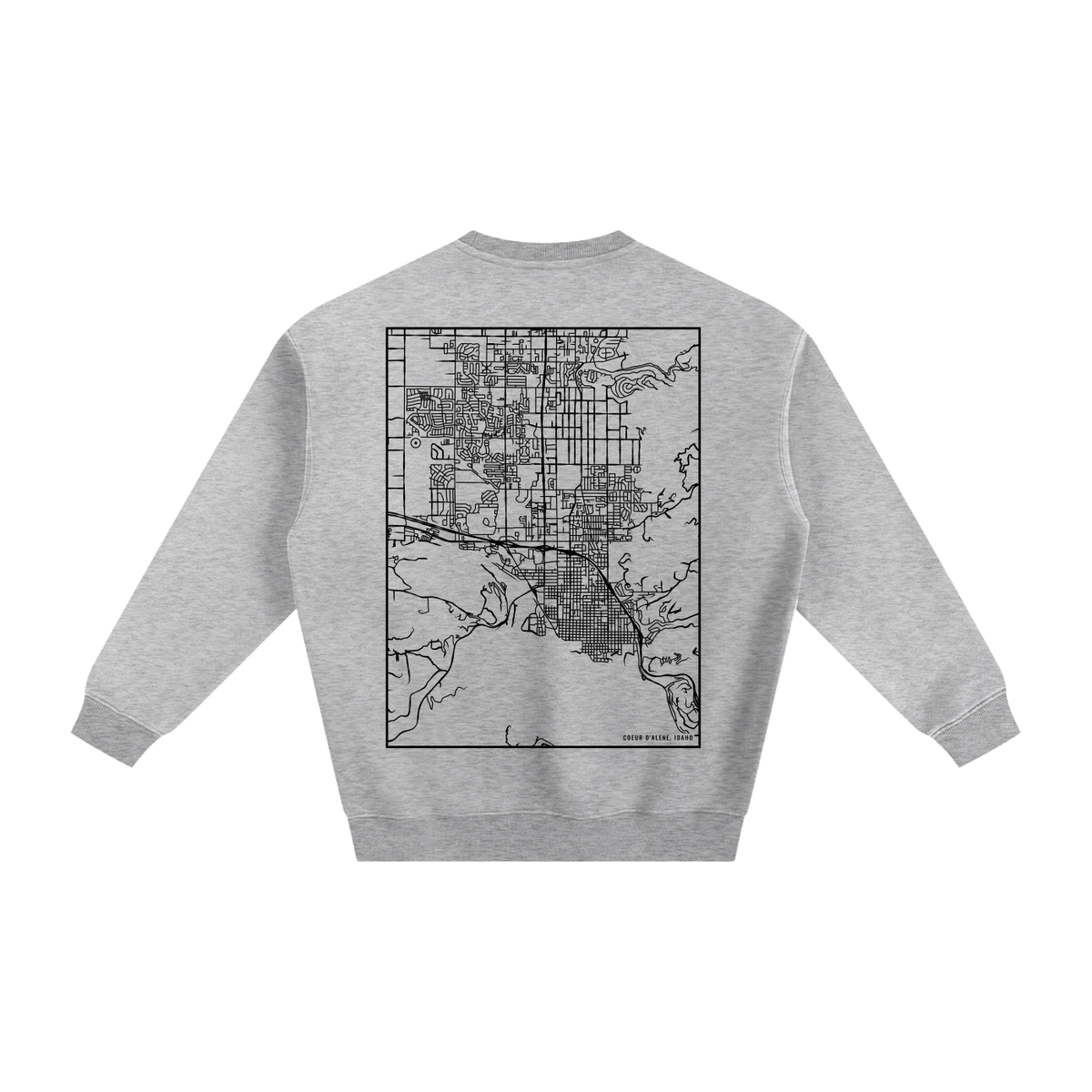 Coeur d'Alene map sweatshirt, back print - Heather Gray