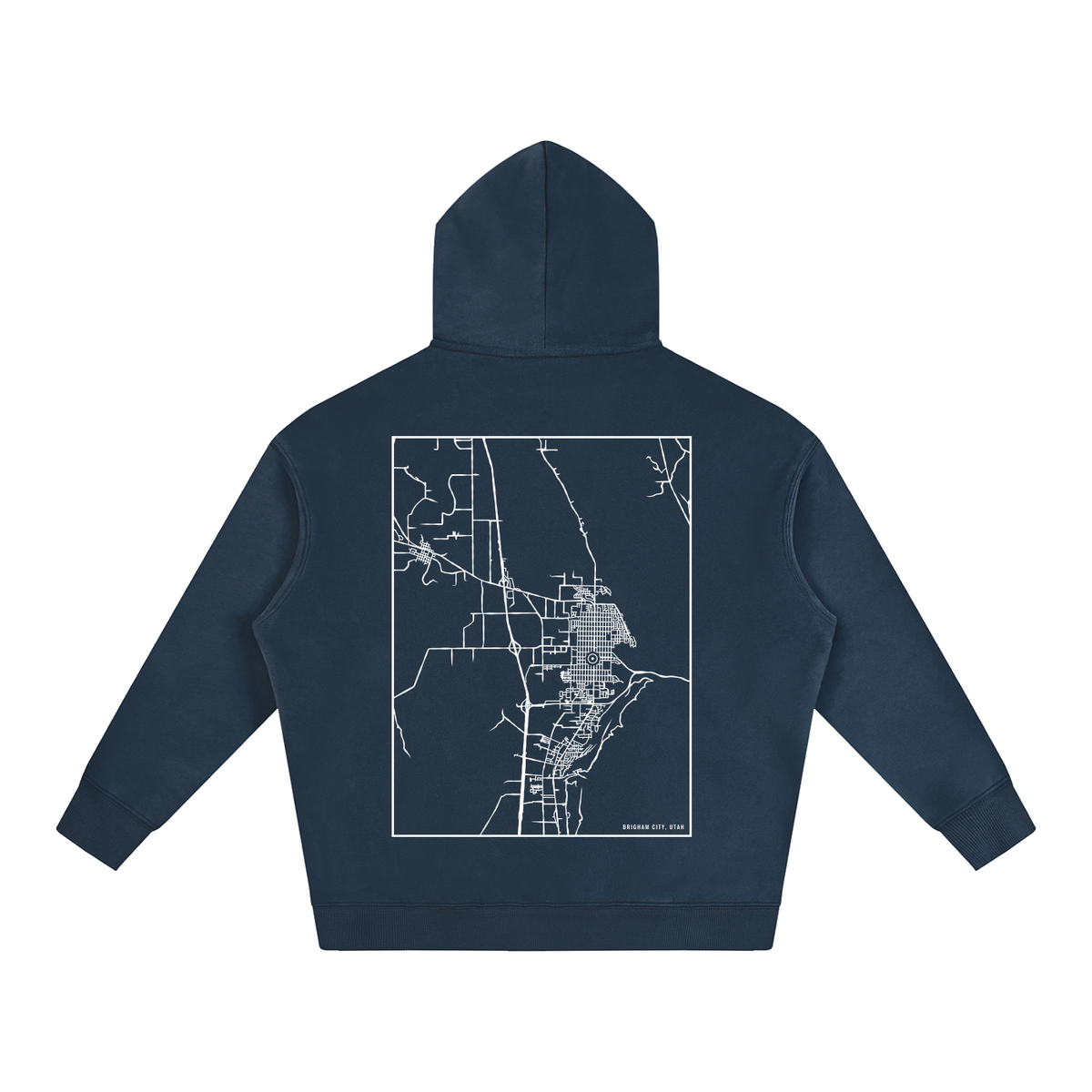 Brigham City map hoodie, back print - Navy Blue